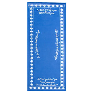 Blue Christian yoga mat with prayer of inspiration 