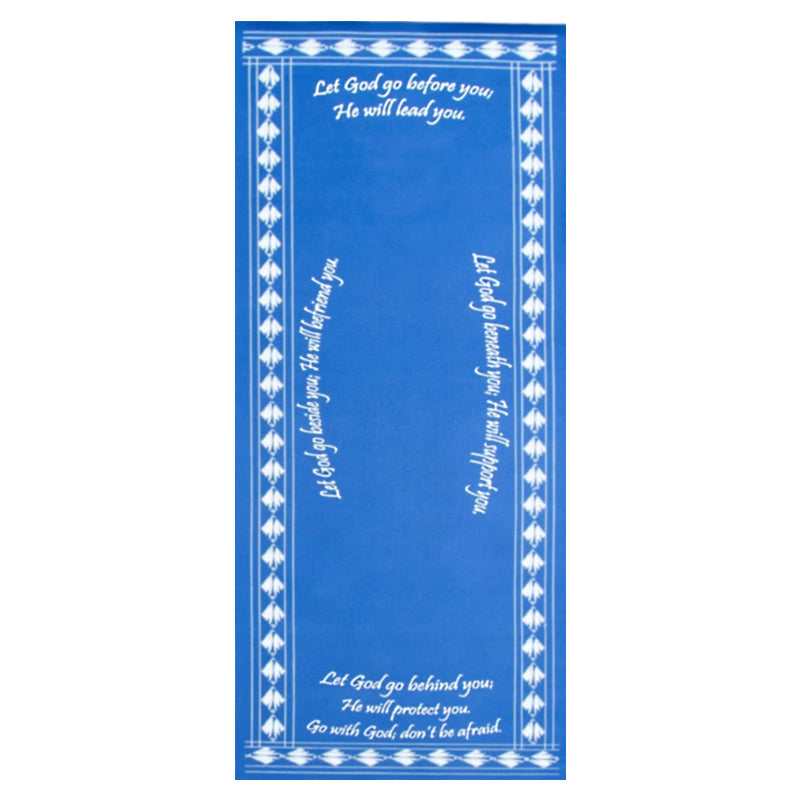 Blue Christian yoga mat with prayer of inspiration 